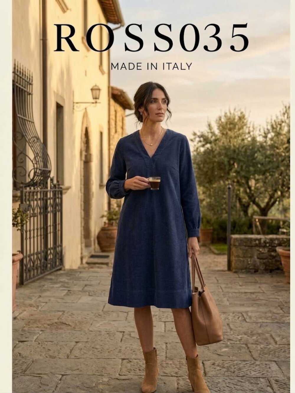 Rosso35 Italy Navy Blue Fine Wale Corduroy V-Neck Dress - NWT Size 48